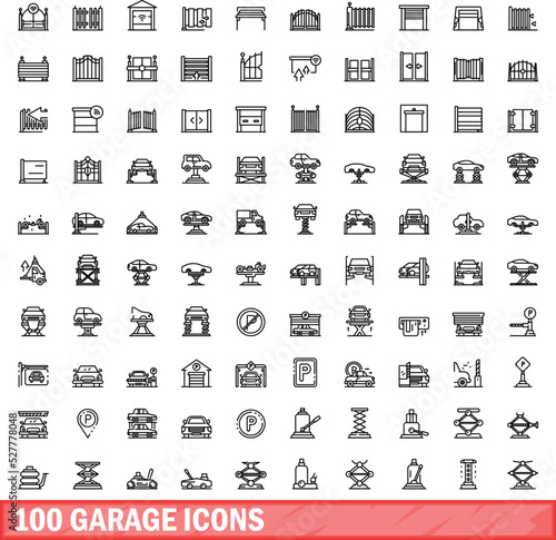 100 garage icons set. Outline illustration of 100 garage icons vector set isolated on white background