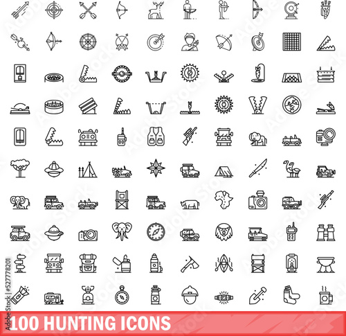 100 hunting icons set. Outline illustration of 100 hunting icons vector set isolated on white background