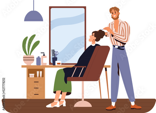 Male stylist making hairstyle for the client. Bob, bun hairdo. Woman in the beauty salon. Hairdresser and customer. Flat vector illustration. 