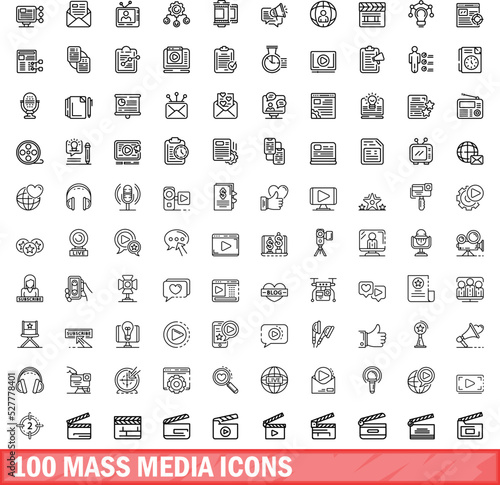 100 mass media icons set. Outline illustration of 100 mass media icons vector set isolated on white background