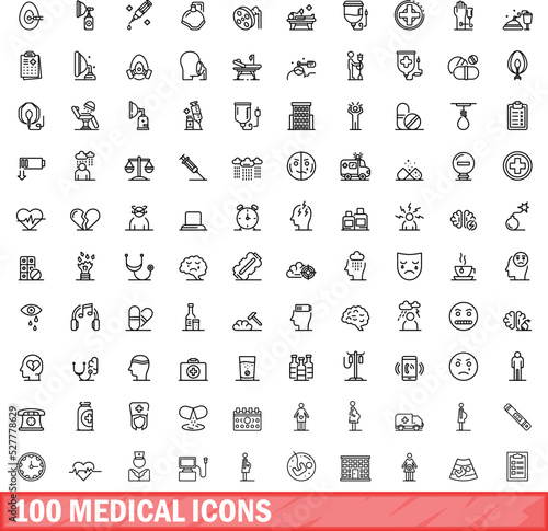 100 medical icons set. Outline illustration of 100 medical icons vector set isolated on white background