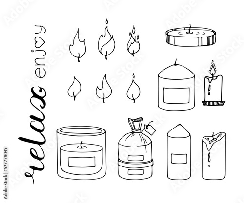 Pillar, jar candle, square, multi wick Different sizes. Decorative wax candles for relax and spa. Hand drawn doodle illustration. Line art vector set. Natural plants aroma