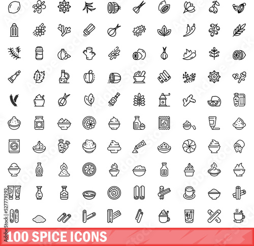 100 spice icons set. Outline illustration of 100 spice icons vector set isolated on white background