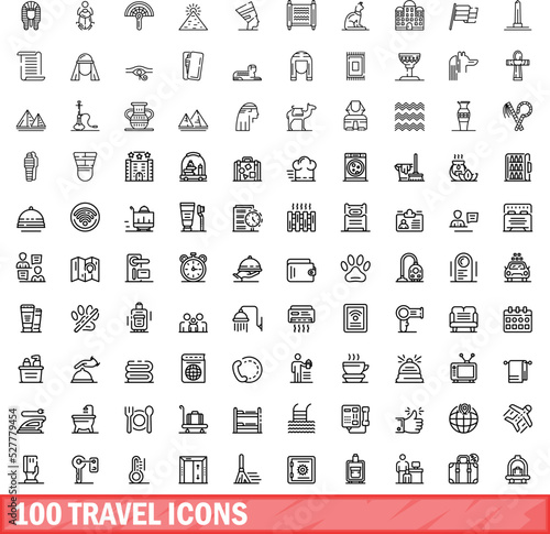 100 travel icons set. Outline illustration of 100 travel icons vector set isolated on white background