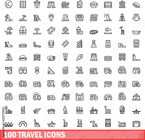 100 travel icons set. Outline illustration of 100 travel icons vector set isolated on white background