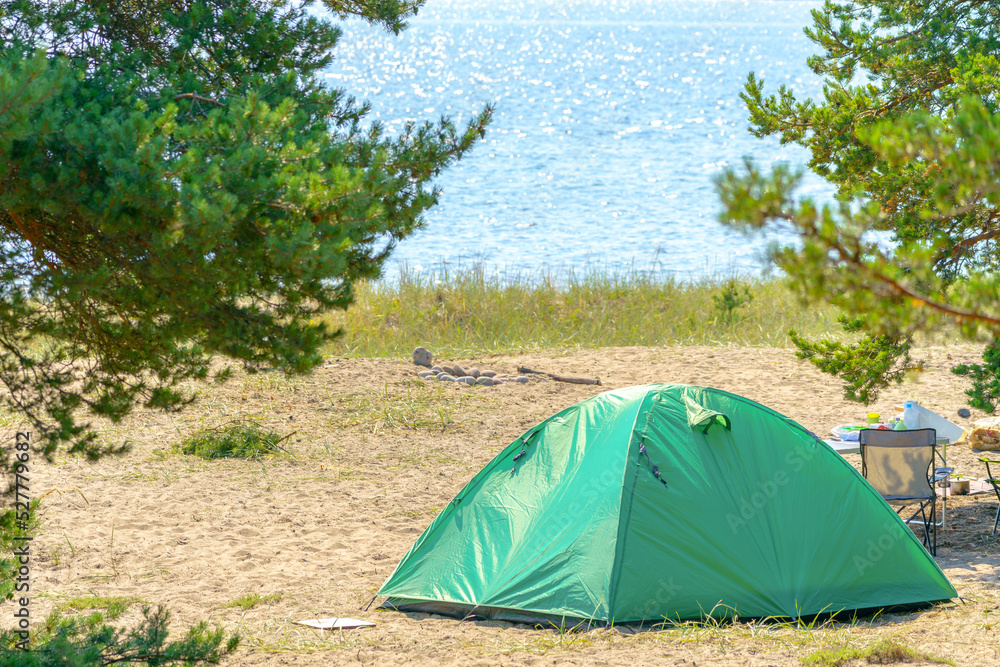 Tourist green tent on the lake. Journey to the wild places of nature.