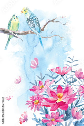 Watercolor painting of bouquets and budgies with watercolors texture on the background. 