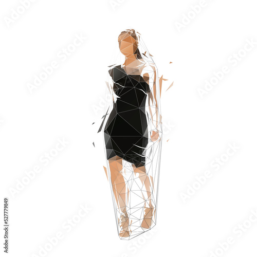 Business woman in short dress walking, low polygonal isolated vector illustration, fashion model catwalk, front view. Geometric drawing from triangles