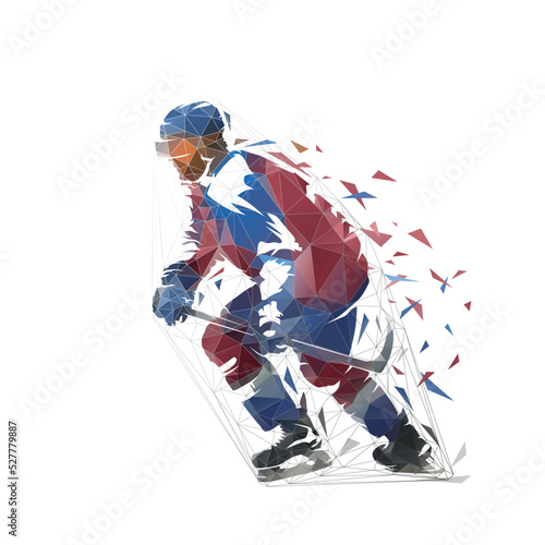 Ice hockey player  low poly isolated vector illustration  geometric drawing from triangles. Side view  ice skating