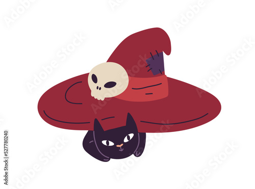 Cute black cat under witch hat. Spooky creepy funny Halloween kitty. Helloween feline character, October holiday skull. Childish kids flat vector illustration isolated on white background