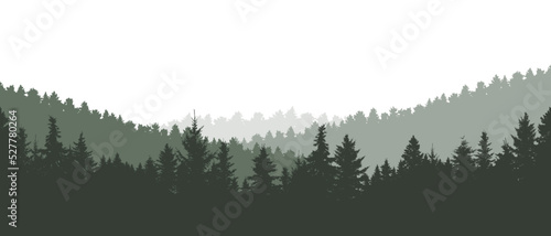 Forest background, beautiful landscape wallpaper. Silhouettes of fir trees. Vector illustration