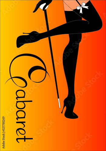 slender female legs in black stockings on a yellow-orange background with the words "cabaret"