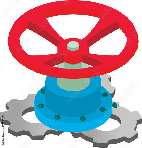 Industrial equipment icon isometric vector. Red round valve and cogwheel icon. Construction, repair, maintenance