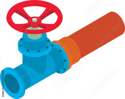 Piping part icon isometric vector. Part of new pipe with red round valve icon. Pipeline, supply, infrastructure