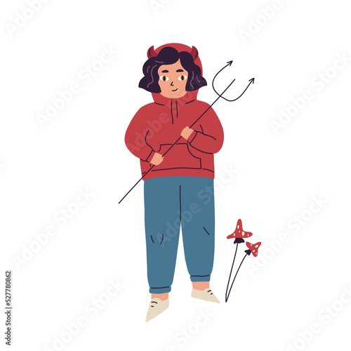 Cute child disguised in demon costume for Halloween holiday. Funny spooky devil kid with trident. Creepy hell character for Helloween carnival. Flat vector illustration isolated on white background