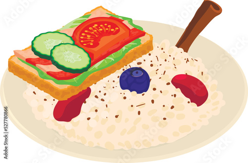 Traditional cuisine icon isometric vector. Rice with fruit and sandwich icon. Belgian traditional dish