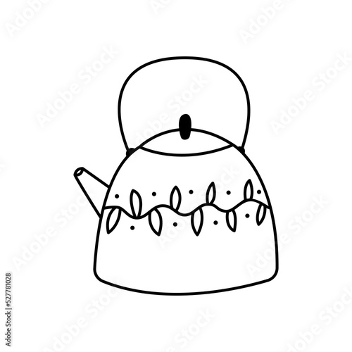 Teapot doodle linear. Cute kettle with patterns. Tea party element on a white background. Hand drawn vector illustration.