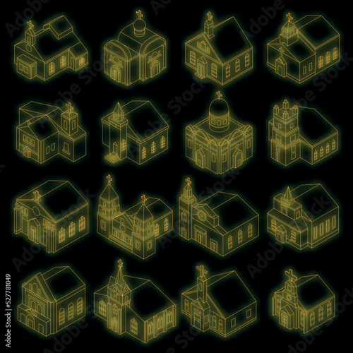 Church icon set. Isometric set of church vector icons neon color on black