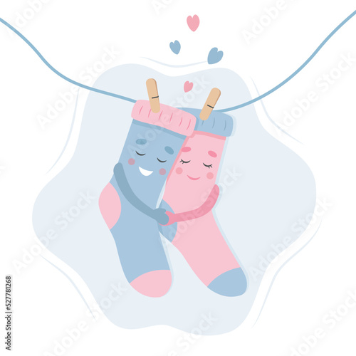 Pair of cute socks in love hanging on the rope with clothespin. Cute vector illustration of sock dry and hug on the string. Children cartoon characters on the valentines day