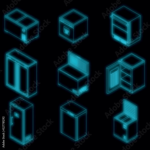 Freezer icon set. Isometric set of freezer vector icons neon color on black
