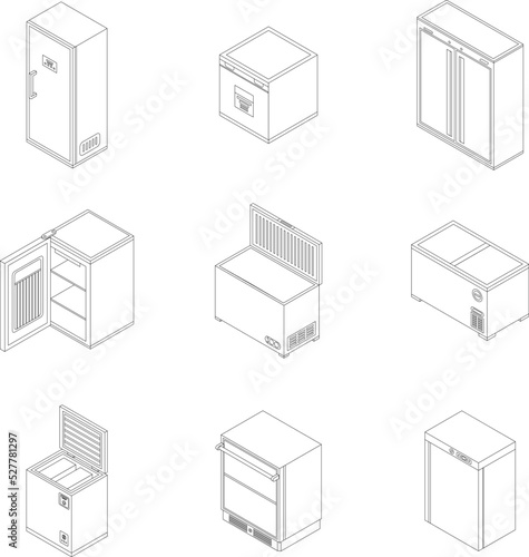Freezer icon set. Isometric set of freezer vector icons outline thin lne isolated on white