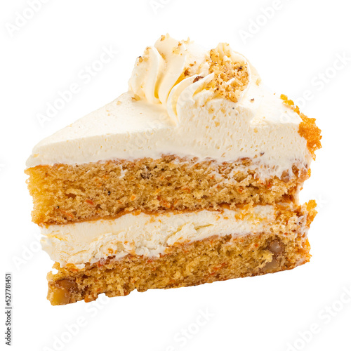 Slice of carrot sponge cake frosted with cheese cream photo