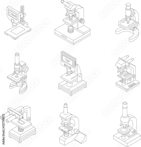 Microscope icon set. Isometric set of microscope vector icons outline thin lne isolated on white photo