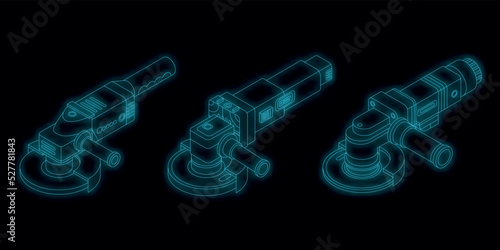 Angle grinder icons set. Isometric set of angle grinder vector icons neon color on black