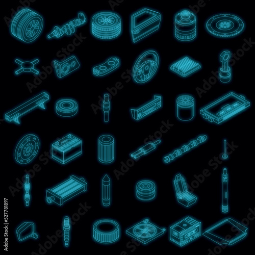 Car parts icons set. Isometric set of car parts vector icons neon color on black