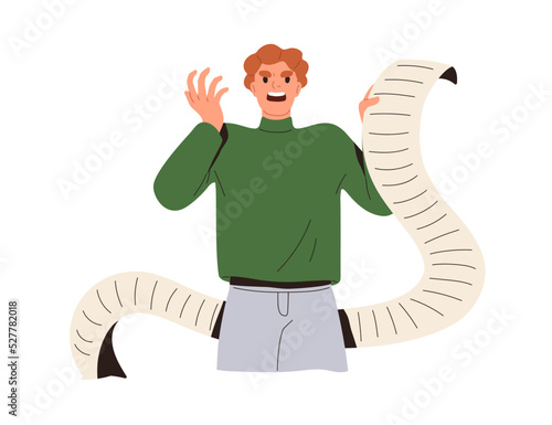 Angry stressed person with many tasks, long to-do list. Busy overloaded shocked man in panic with big paper, lot of plans, businesses, burden. Flat vector illustration isolated on white background