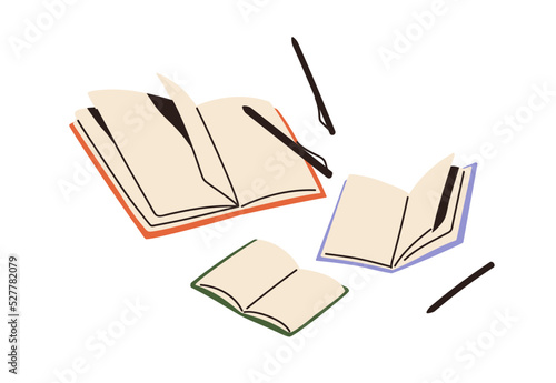 Notebooks, notepads and pens. Scattered paper note pads, diaries. Open pages of falling business planners, organizers, office stationery. Flat vector illustration isolated on white background