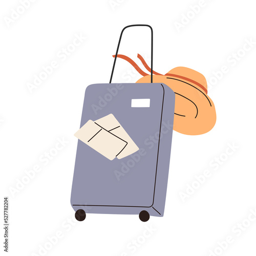 Travel suitcase, beach hat and air tickets. Spinner wheel luggage and summer sunhat. Modern touristic baggage for vacation trip, holiday voyage. Flat vector illustration isolated on white background