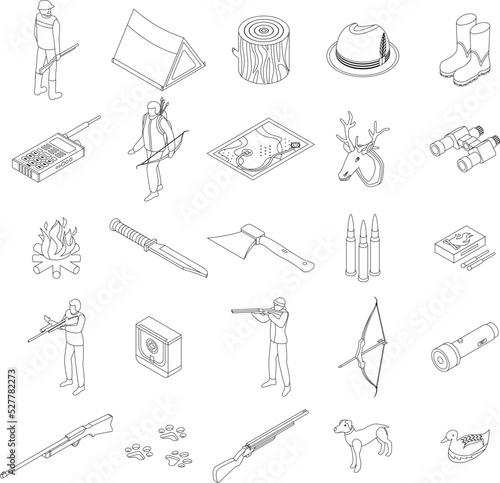 Hunting modern equipment icons set. Isometric set of hunting modern equipment vector icons outline thin lne isolated on white