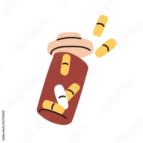 Bottle of abstract pills. Medicines, vitamins in capsules scattered from glass drug container. Health supplement in open transparent jar with lid. Flat vector illustration isolated on white background