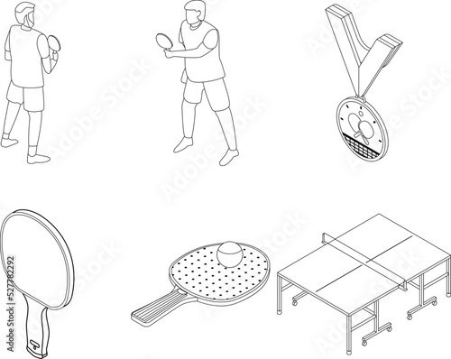Table tennis icons set. Isometric set of table tennis vector icons outline thin lne isolated on white