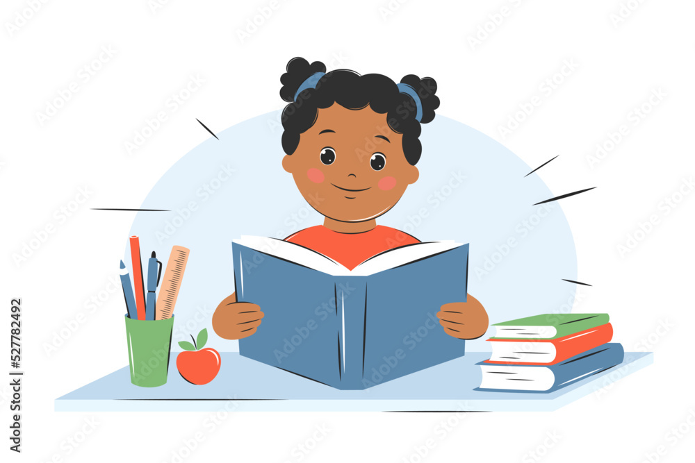 Girl kid reading book. Knowledge and education concept. Children study at school or at home. Vector illustration.
