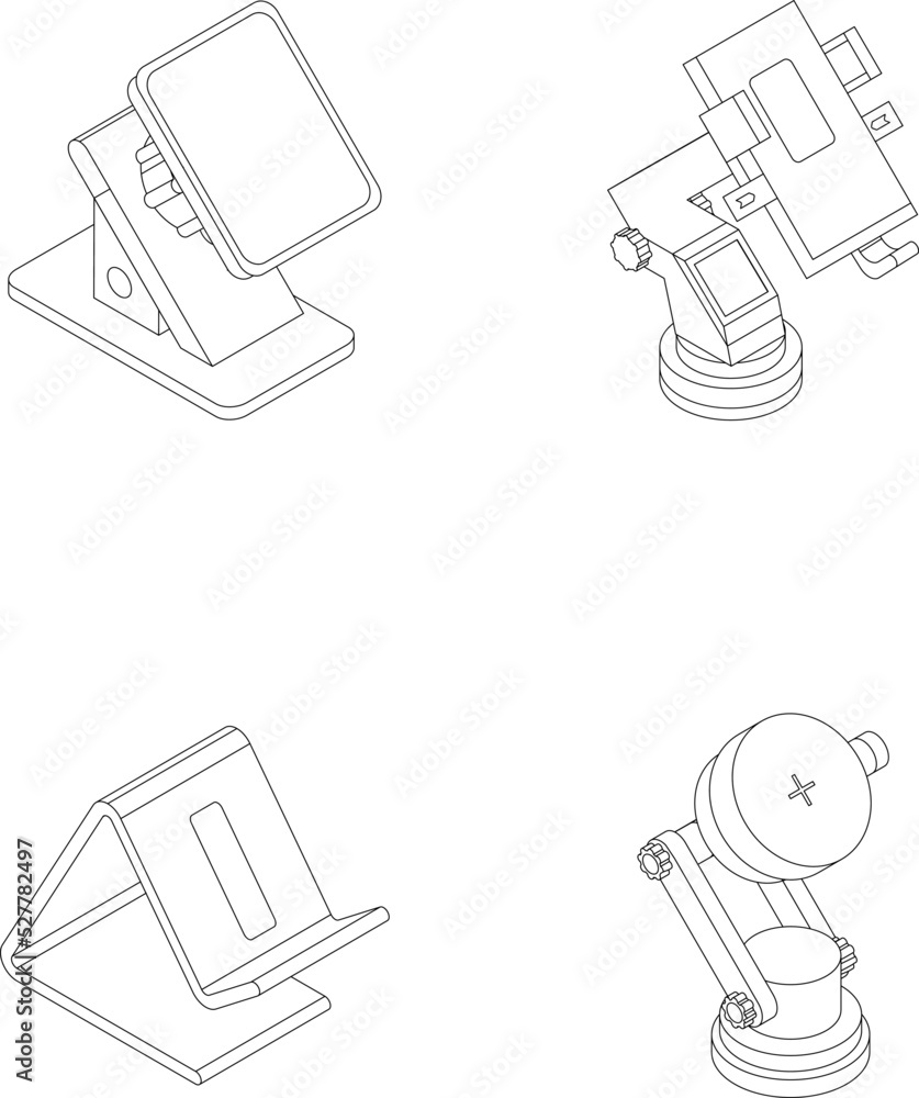 Mobile phone holder icons set. Isometric set of mobile phone holder vector icons outline thin lne isolated on white
