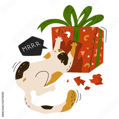 Cute little kitty sharpens his claws on a box with a gift. New year sticker with funny cat. Greeting card for holiday party. Flat style in vector illustration. Isolated on white background.