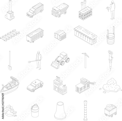 Coal industry icons set. Isometric set of coal industry vector icons outline thin lne isolated on white