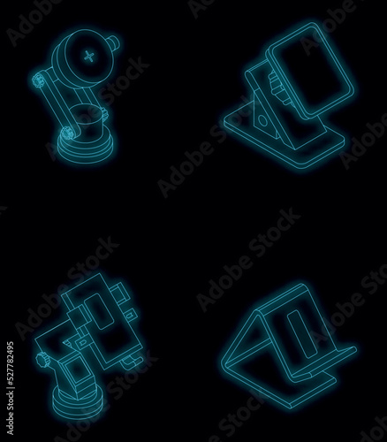 Mobile phone holder icons set. Isometric set of mobile phone holder vector icons neon color on black