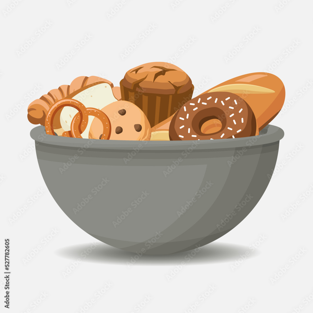 Grey bowl full of baked goods cartoon vector illustration. Dish with different sweet pastry products. Donut, bread, muffin, pretzel, toast. Bakery composition. Isolated on white background Grey bowl full of baked goods cartoon vector illustration. Dish with different sweet pastry products. Donut, bread, muffin, pretzel, toast. Bakery composition. Isolated on white background