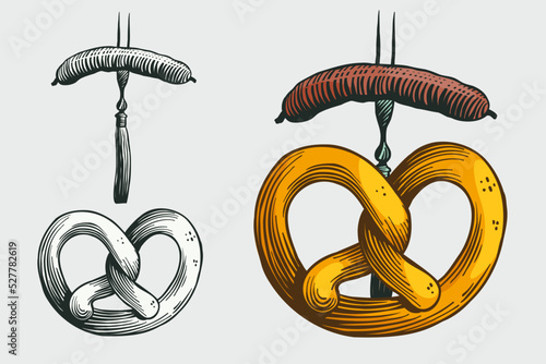 Sausage and pretzel, hand drawn engraving style illustration. Oktoberfest vector emblem.