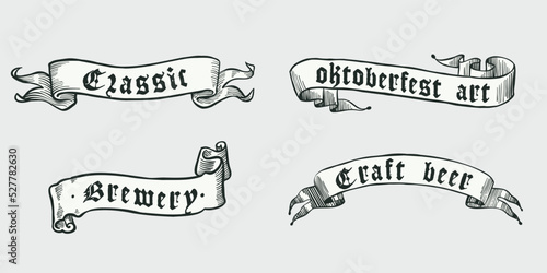 Ribbons hand drawn engraving style illustration. Oktoberfest vector emblem.