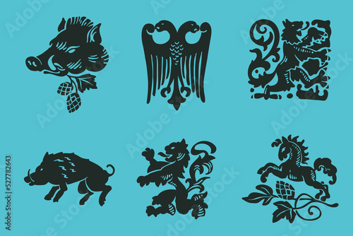 Heraldic eagle, lions, horse, and boar, hand drawn engraving style illustration. Oktoberfest vector emblem.