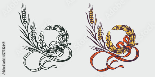 Wreath made of wheat and ribbon, hand drawn engraving style illustration. Oktoberfest vector emblem.
