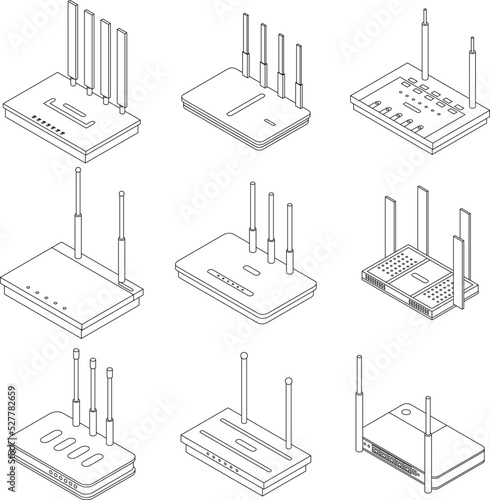 Router icons set. Isometric set of router vector icons outline thin lne isolated on white