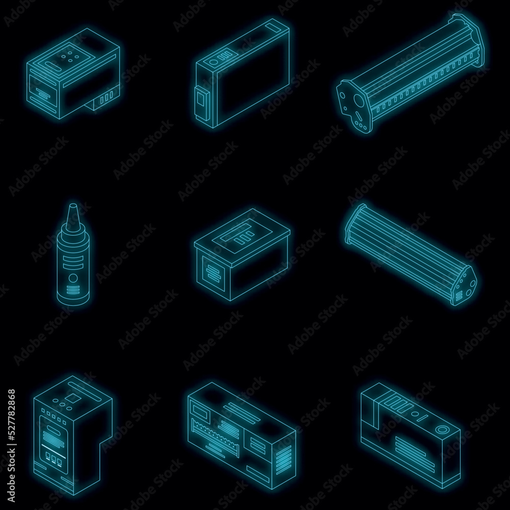 Cartridge icons set. Isometric set of cartridge vector icons neon color on black Cartridge icons set. Isometric set of cartridge vector icons neon color on black