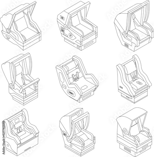 Baby car seat icons set. Isometric set of baby car seat vector icons outline thin lne isolated on white