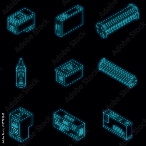 Cartridge icons set. Isometric set of cartridge vector icons neon color on black
