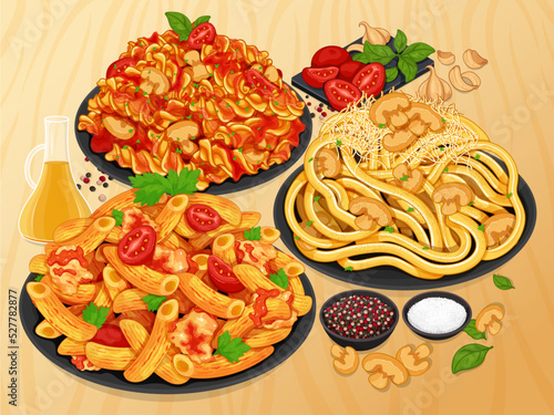 Italian fusilli pasta noodles with mushroom and tomato. Mushroom pasta noodles with cheese.Healthy penne pasta spaghetti noodles menu banner. Famous italian pasta set menu banner illustration vector.